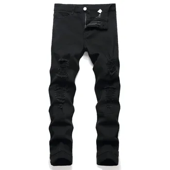 Pantaloni jeans da uomo a matita skinny elasticizzati neri Pantaloni jeans da motociclista da motociclista in difficoltà strappati al ginocchio per uomo 1