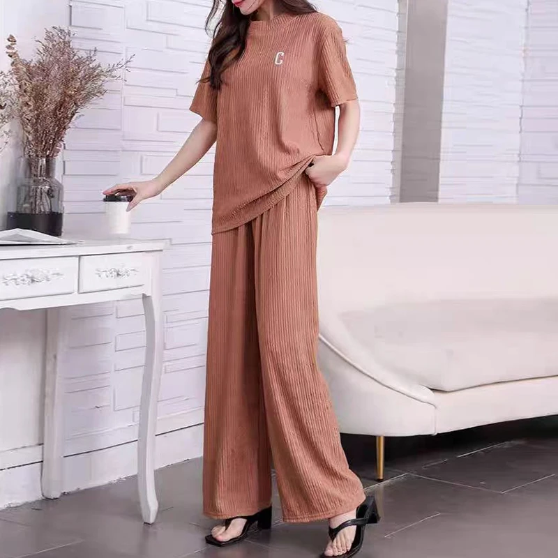 2024 Wrinkle Embroidery Short Sleeved Top Straight Wide Leg Long Pants Set Woman Causal 2 Pieces Pajamas Home Wear Loungewear