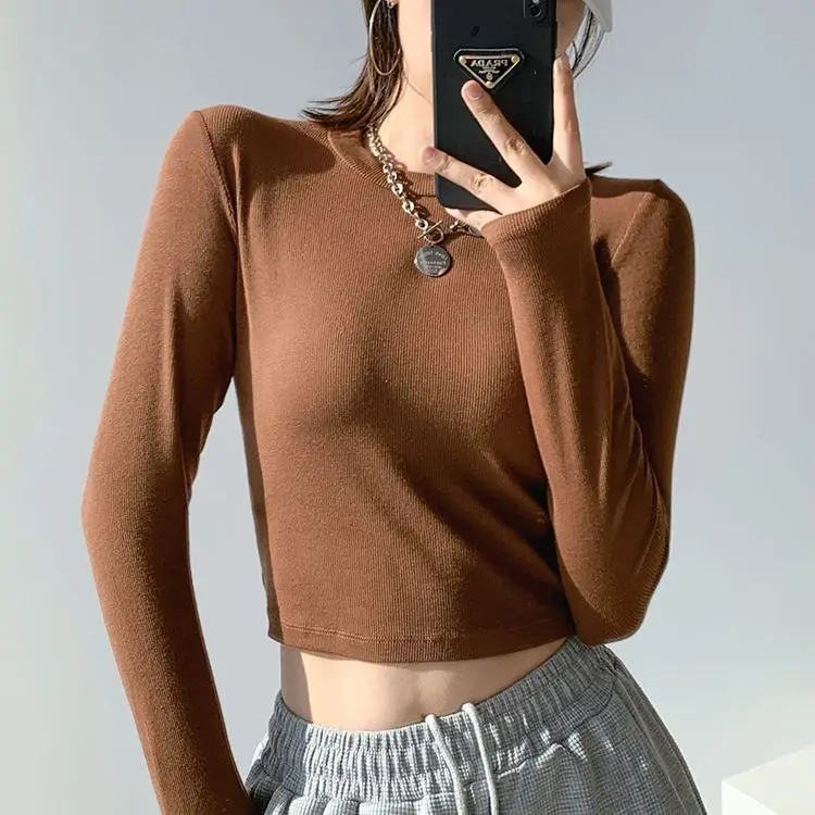 

Женская Вязаная футболка с длинным рукавом, топы, Женские базовые футболки, Овальный воротник, женская сексуальная облегающая футболка с длинным рукавом