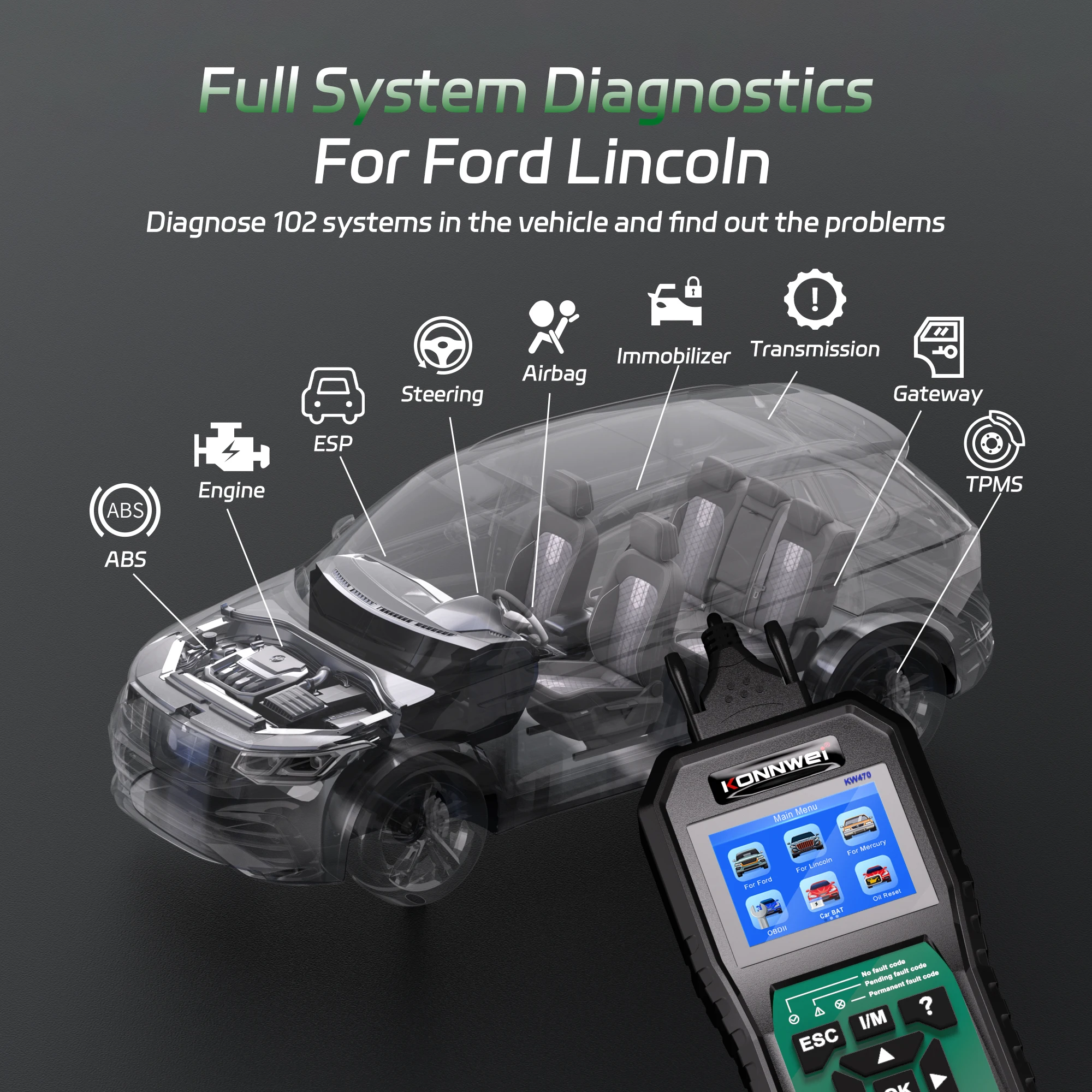 KONNWEI Car OBD2 Diagnostic Tool KW470, Ford Full System Scanner with ABS SRS TPMS Special Functions Oil SAS and BMS Reset 2026 - Image 2