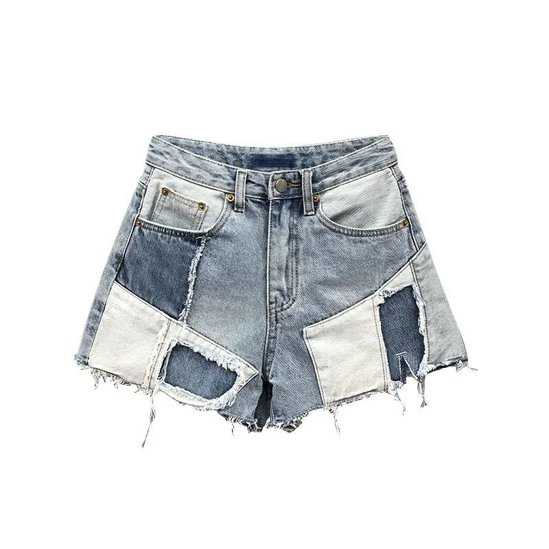 Streetwear Contrast Color Patchwork Denim Shorts Women Fashion High Waist Loose Short Jeans Female 2023 Summer New Pant