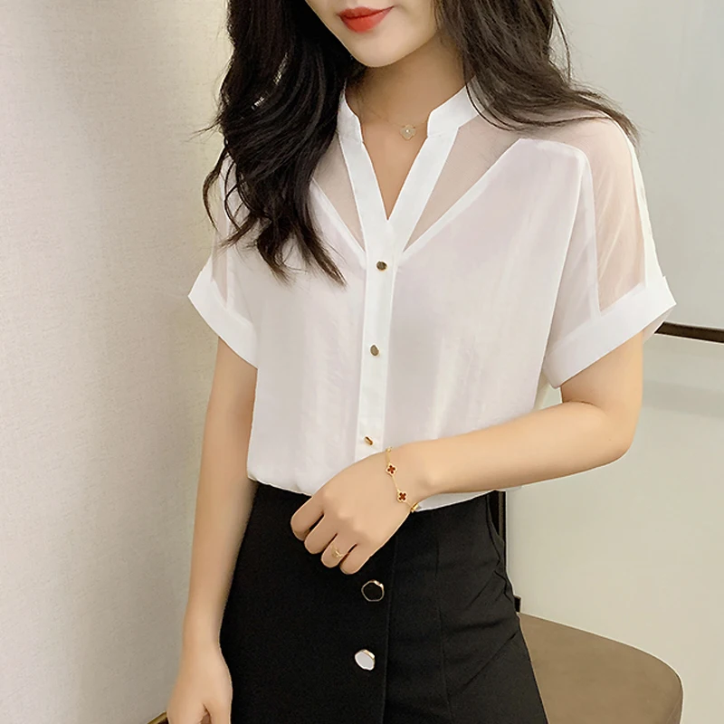 2024 Summer New Style Short-Sleeved Top Women Fashion Solid Color Mesh V-neck Women Shirts Pullover Chiffon Women Blouse 9632