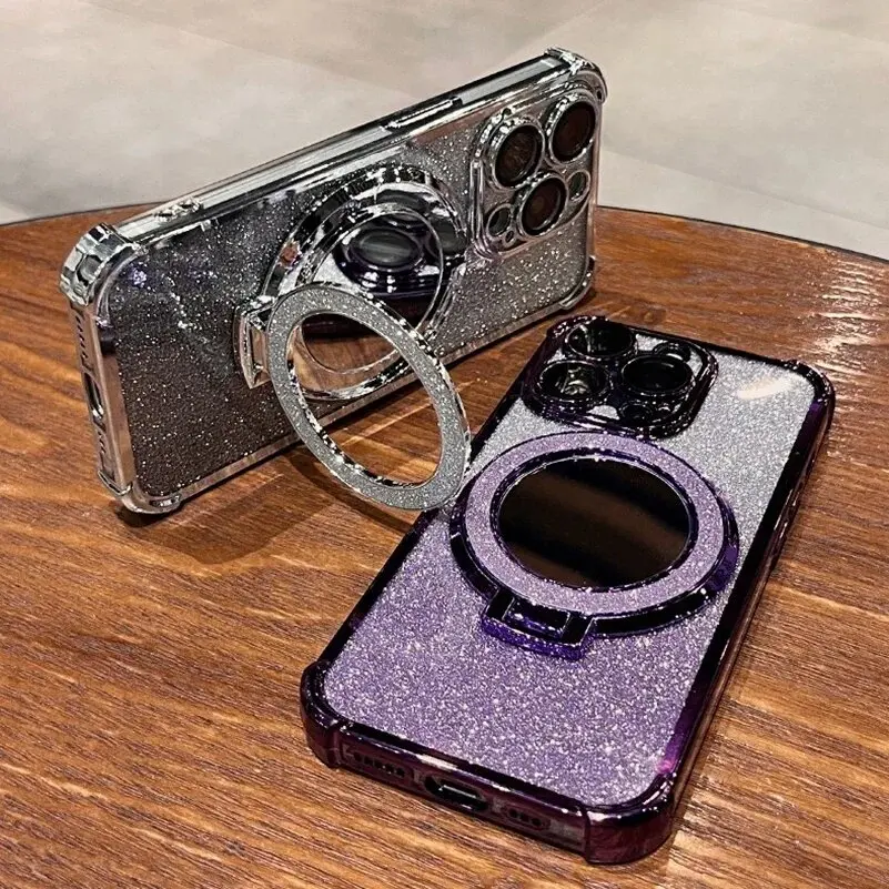 Glitter Make Up Case with Magsafe Holder and Pearl Chain Design