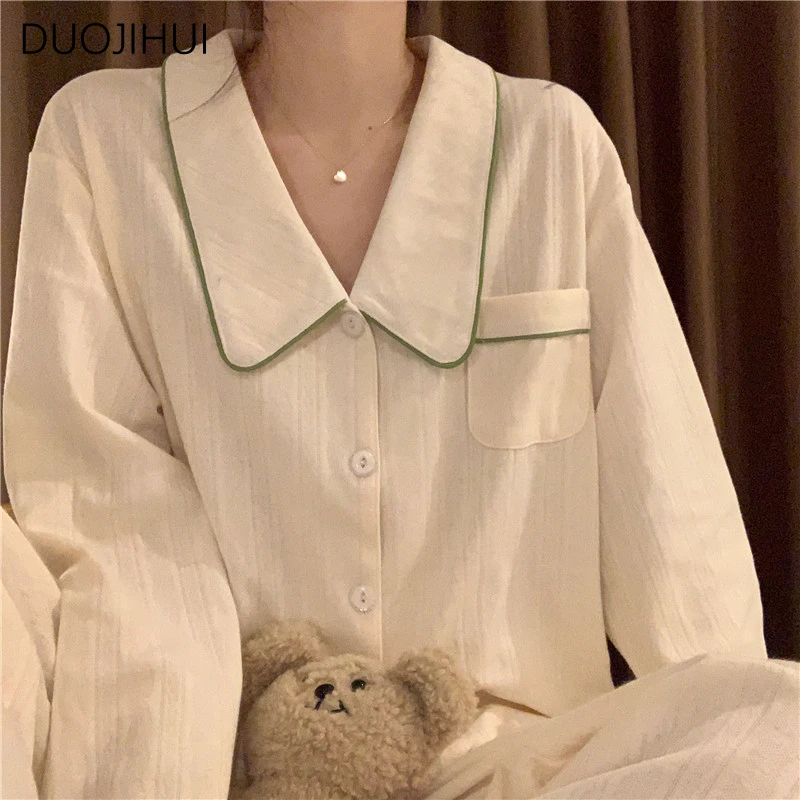 DUOJIHUI New Two Piece Simple Pocket Female Pajamas Sets Spring Chic Button Cardigan Fashion Pant Causal Home Pajamas for Women