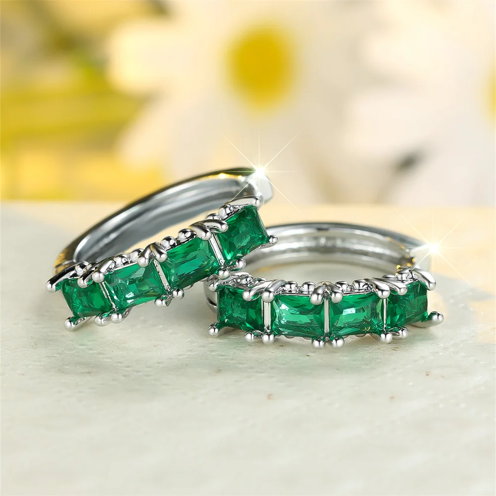 Fashion Green Crystal Zircon Geometric Stone Hoop Earrings For Women Vintage Silver Color Small Ear Buckle Wedding Jewelry Gifts