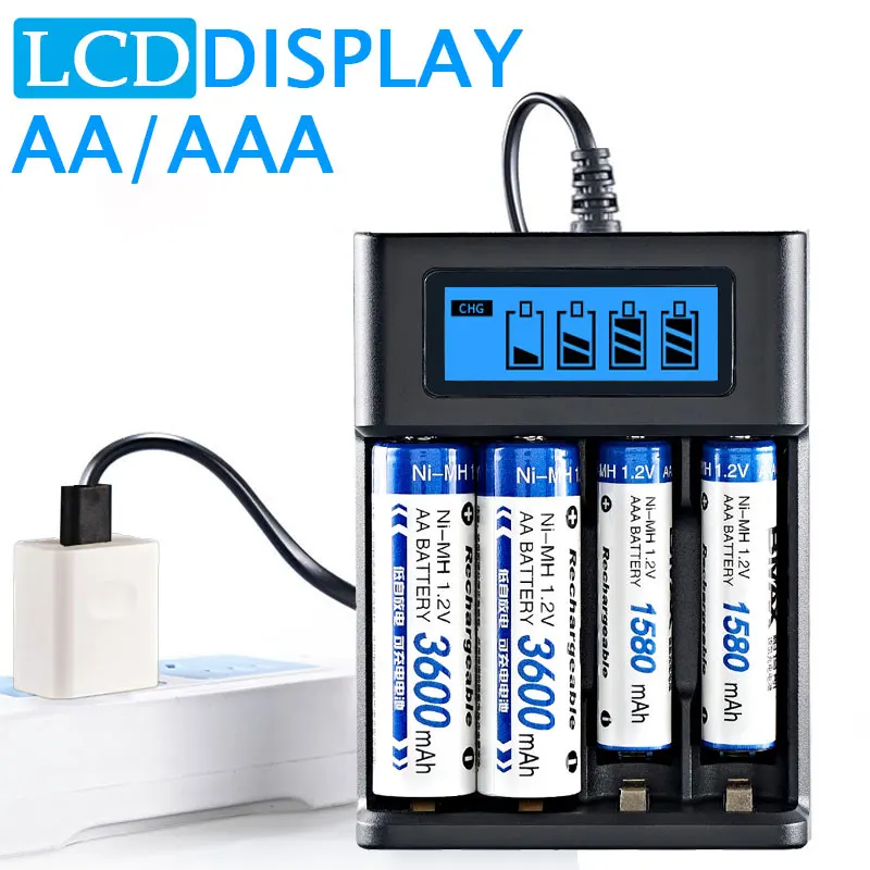 Lcd display aa aaa battery usb charger 4 slots for ni mh ni cd aa