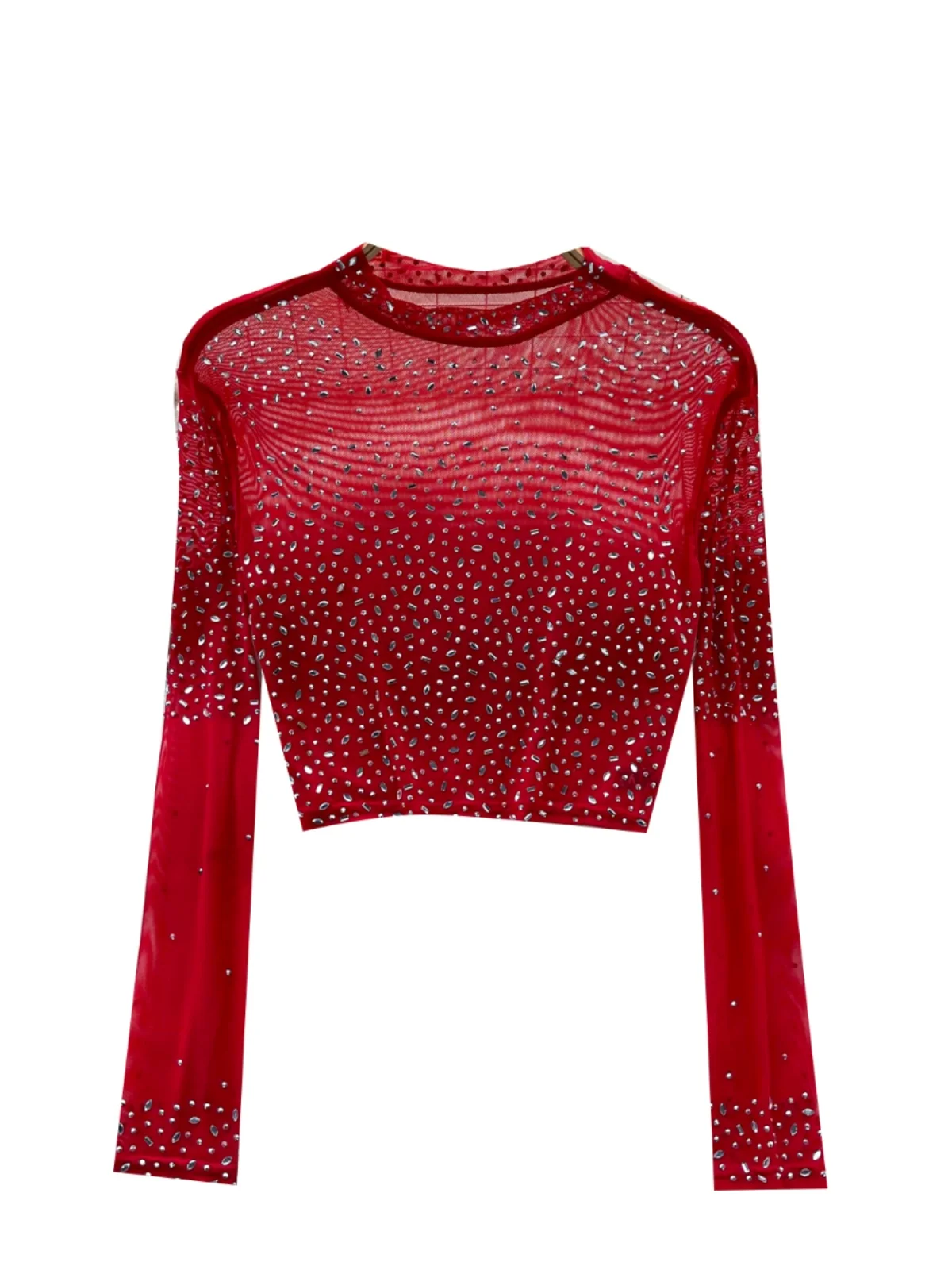 Women's Sexy Thin See-tough Long Sve Me T-irt ort Heavy-du Rhinestone Base irt Korean Sle Creative Pattern