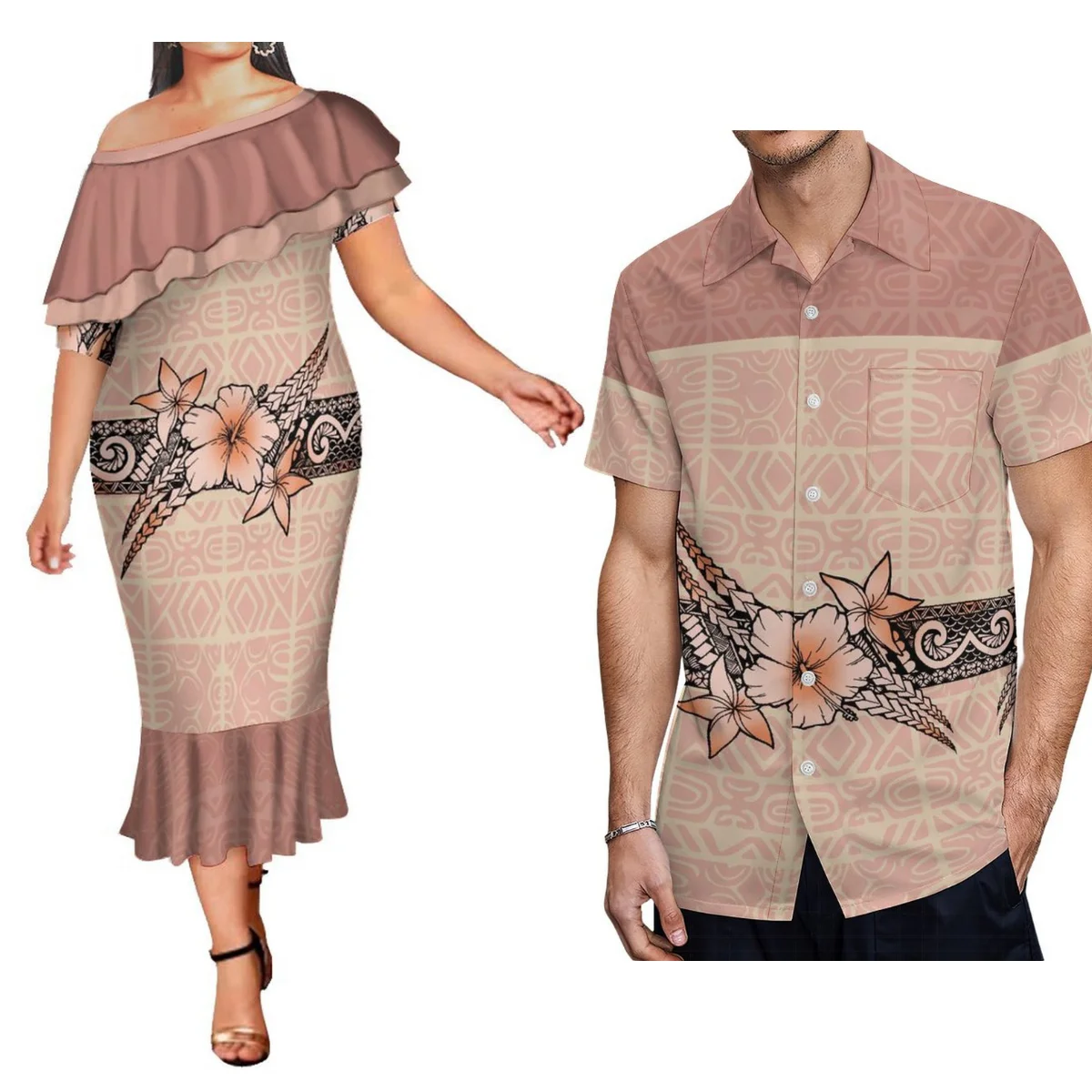 

Women'S Off-The-Shoulder Fishtail Dress With Men'S Short-Sleeved Shirt Polynesian Tribal Couple Set Free Shipping