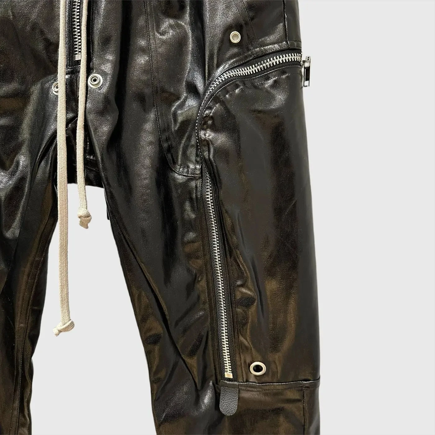 Dark wax style high street motorcycle leather small leg pants men's coated trendy motorcycle workwear Hip Hop Cloth