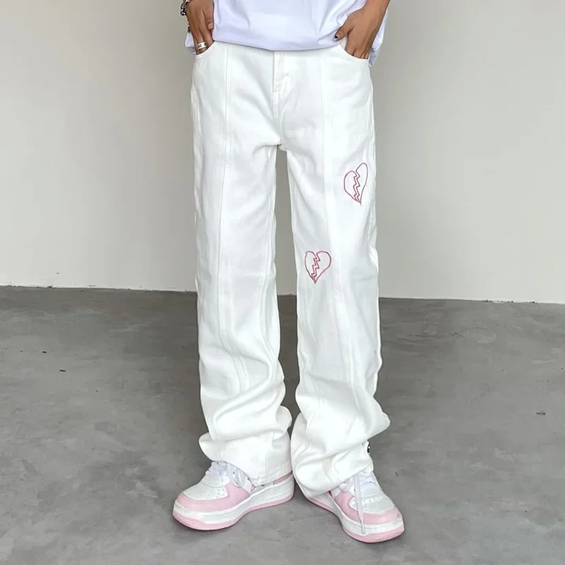Y2k Heartbreak Graphic Jeans Wide Leg Pants Street Wear Highstreet Design BF Baggy Jeans Distressed Pants Straight Leg Pants