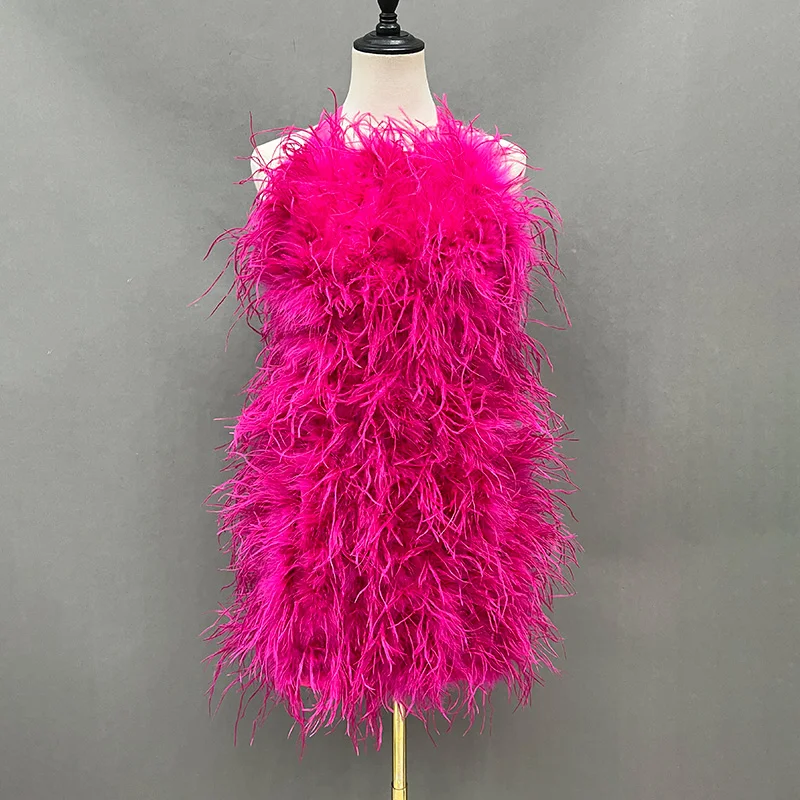 Lady Fashion Summer Feather Dress Sexy Backless Women's Dress Strap Medium Length Ostrich Feather S5659