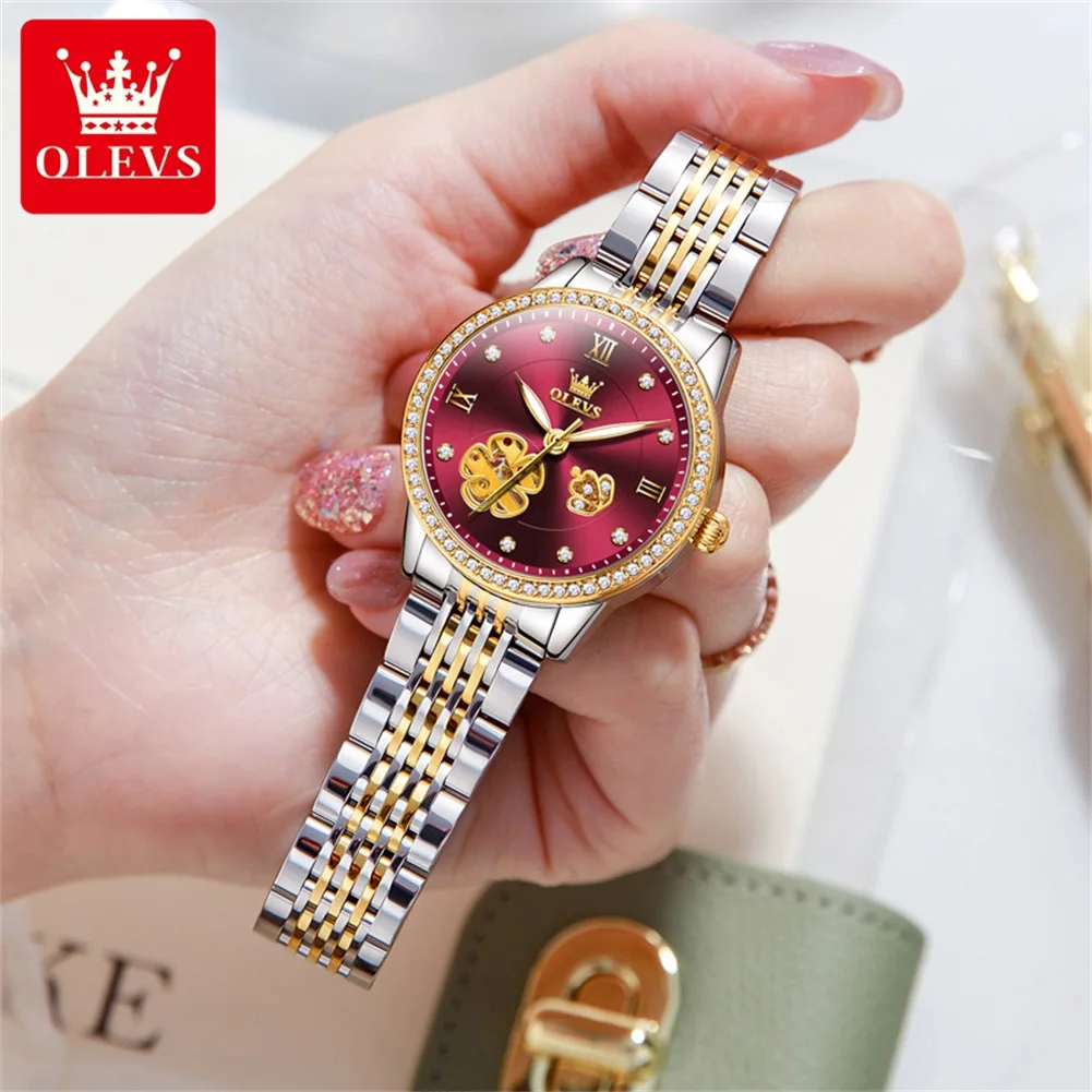 OLEVS Brand Fashion Red Diamond Mechanical Watch for Women Stainless Steel Waterproof Luminous Skeleton Watches Montre Femme