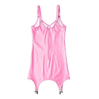 Womens Shiny Metallic PVC Leather V-Neck Mini Dress Chemise Wet Look Night Club Bodycon Babydoll Clubwear with Garter Belt - Image 4