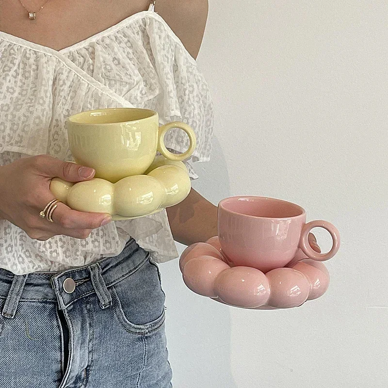 6oz عباد الشمس القهوة القدح الجمالية السيراميك سحابة كوب الزخرفية الصحن بعد الظهر الشاي كوب ماء مكتب ديكور المنزل القدح درينكوير