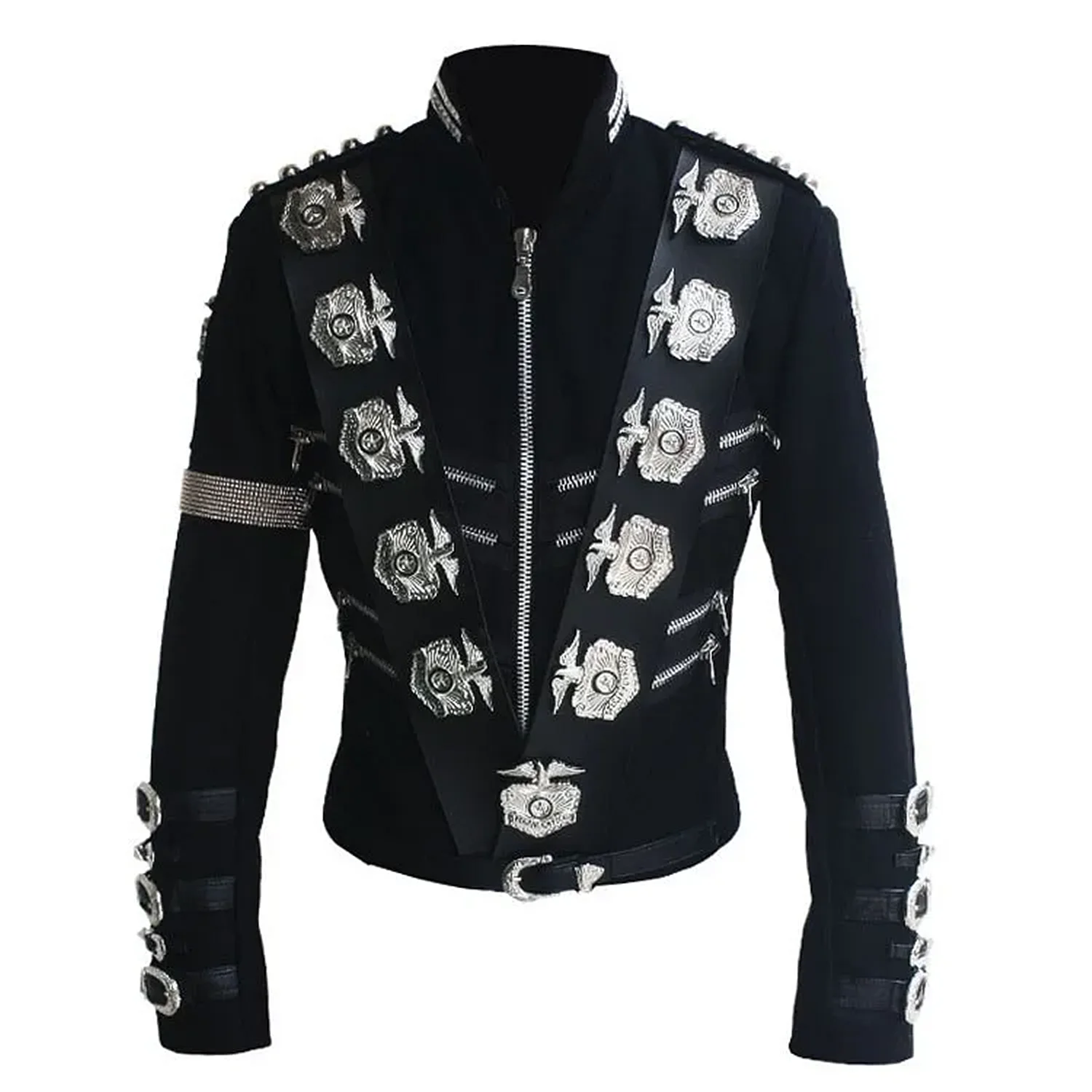 Impersonator Michael Joseph Jackson Costumes Jacket Stuff BAD Black With Silver Eagle Badges Punk Metal woolen Clothing 3