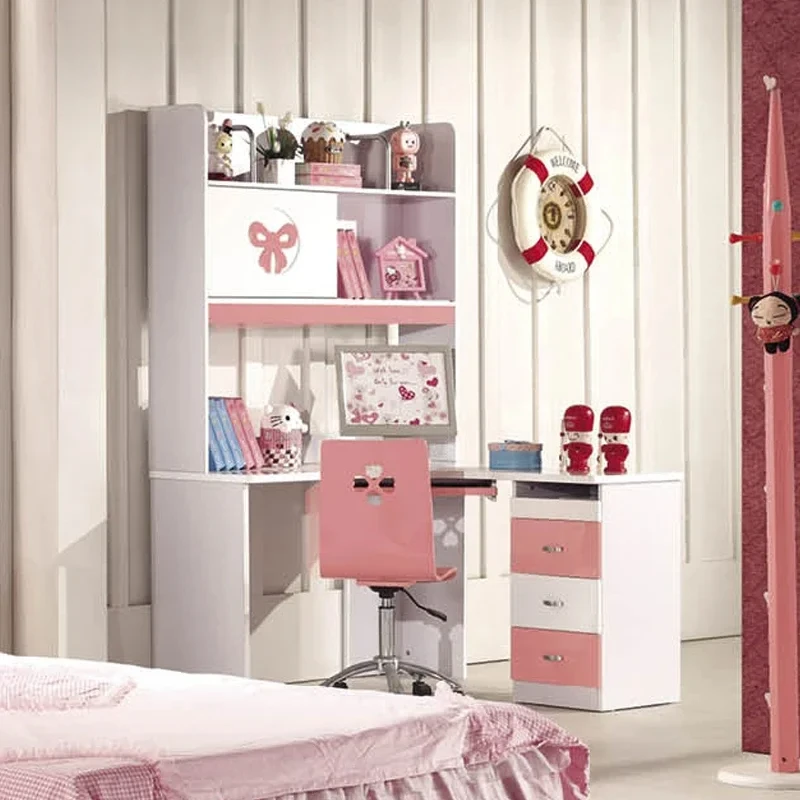 Customizable Modern Pink Princess Children'S Bed and Wardrobe Study Desk Home Wood Kids Bedroom Furniture Set for Girl