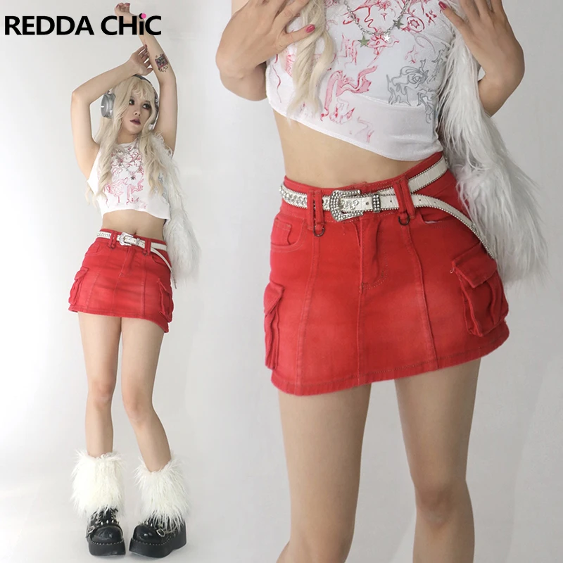 

Юбка-карго REDDACHiC с большими карманами, винтажная облегающая мини-юбка из денима в стиле Харадзюку, с завышенной талией, серого цвета, Y2k