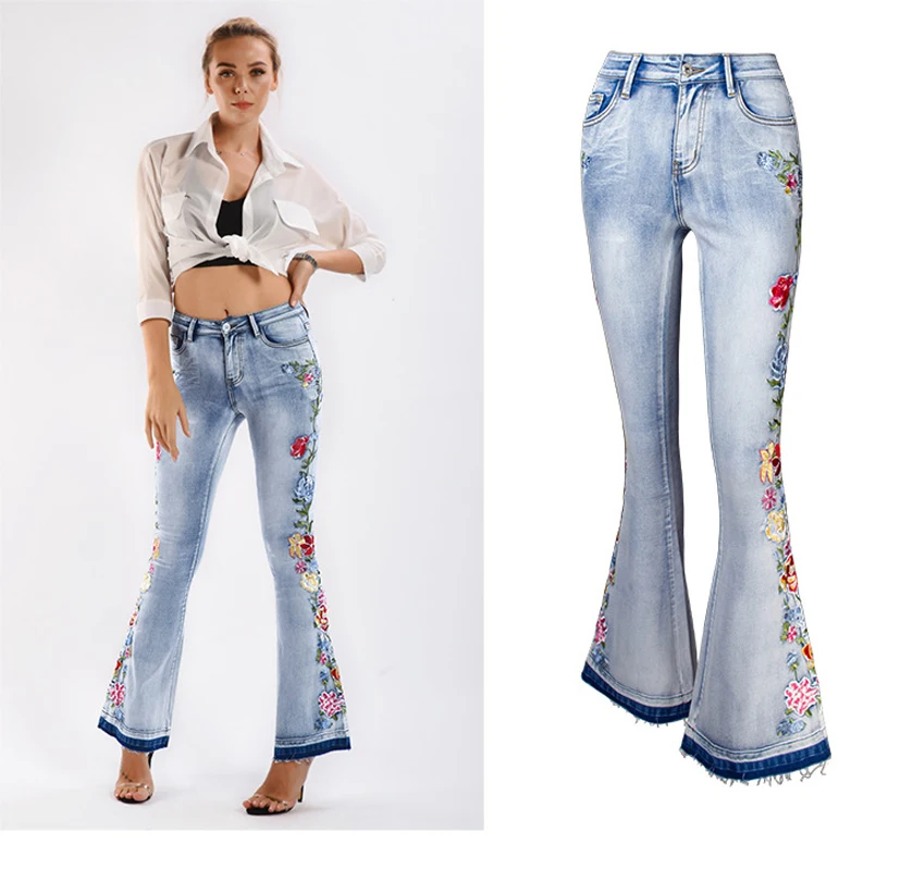 

4XL Flare Jeans Pants Women’s Denim Embroidery Flowers Jeans Women High Waist Stretch Tall and Thin Trousers Washed Retro Jeans