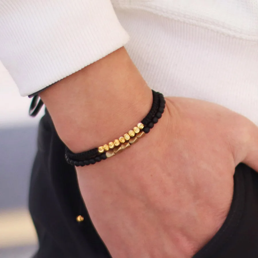 Gold Color Beads Handmade Braided Men Bracelet Set