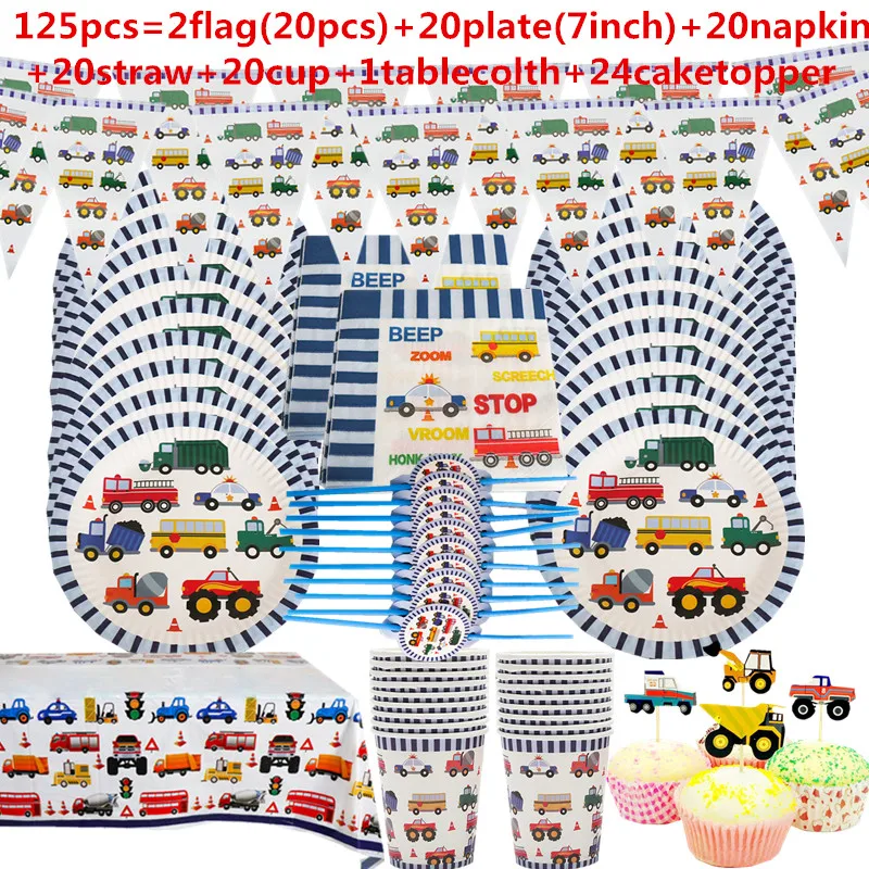 

Cartoon Car Excavator Party Plate Napkin Tablecloth banner Construction Vehicle Birthday Party Supplies Disposable Tableware Set