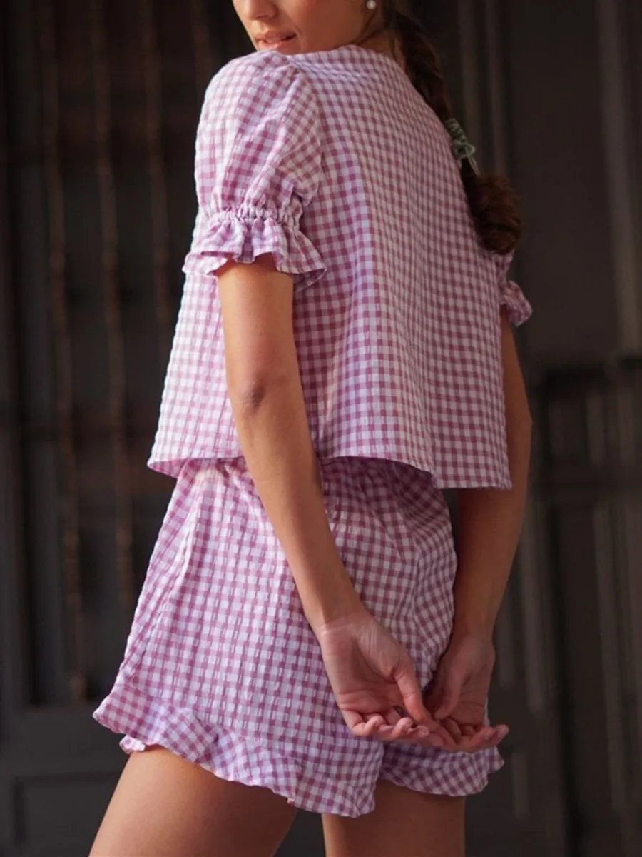 Women's Casual Plaid Pajama Set - Y2K Tie-Front Shirt & High-Waist Shorts - Lounge & Sleepwear 2-Piece Outfit - View #11