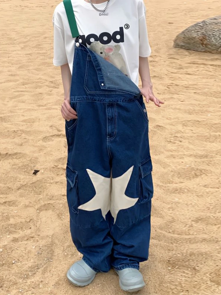 ADAgirl Blue Baggy Cargo Pants Women 90s Streetwear Vintage Star Wide Leg Jeans Overalls Y2k Causal Hip Hop Style Denim Trousers