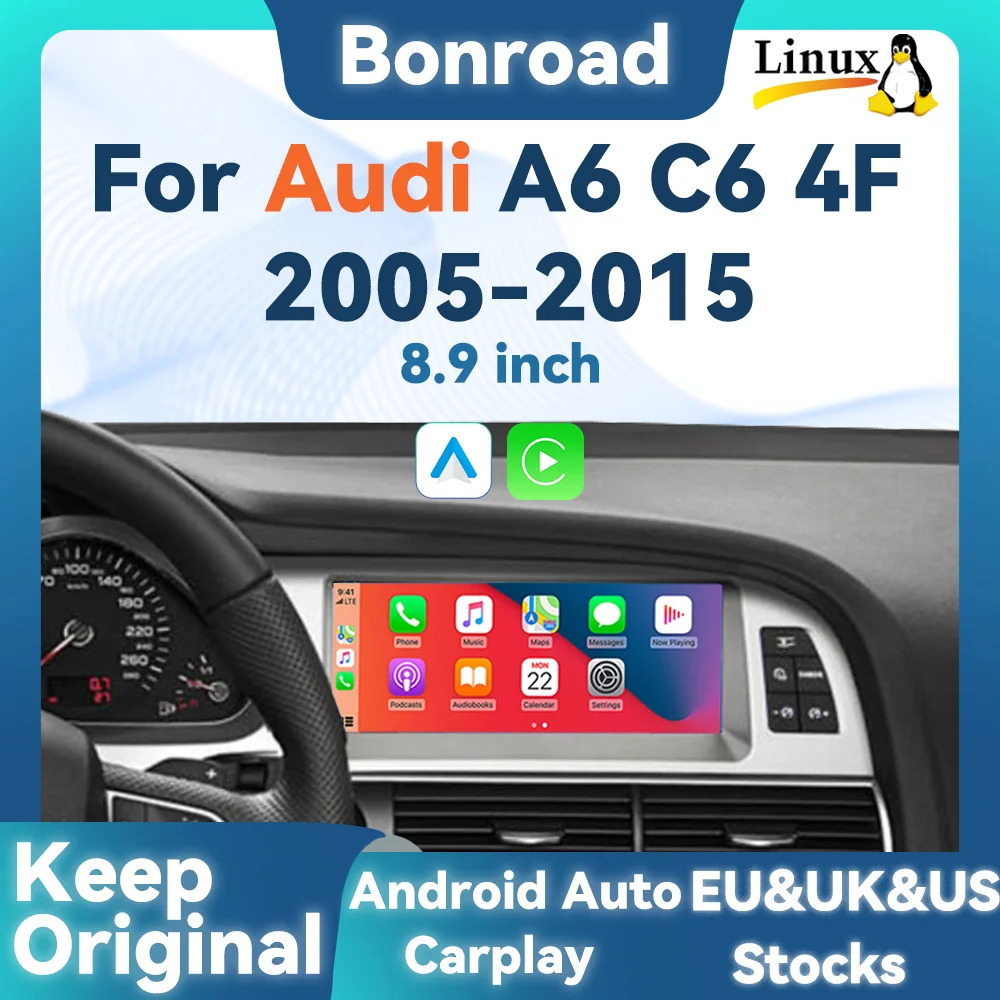 BONROAD-reproductor multimedia de radio para coche, pantalla táctil de 8,9 pulgadas para Audi A6 C6 4F 2005-2015 con CarPlay inalámbrico, Android, Auto Airplay 1