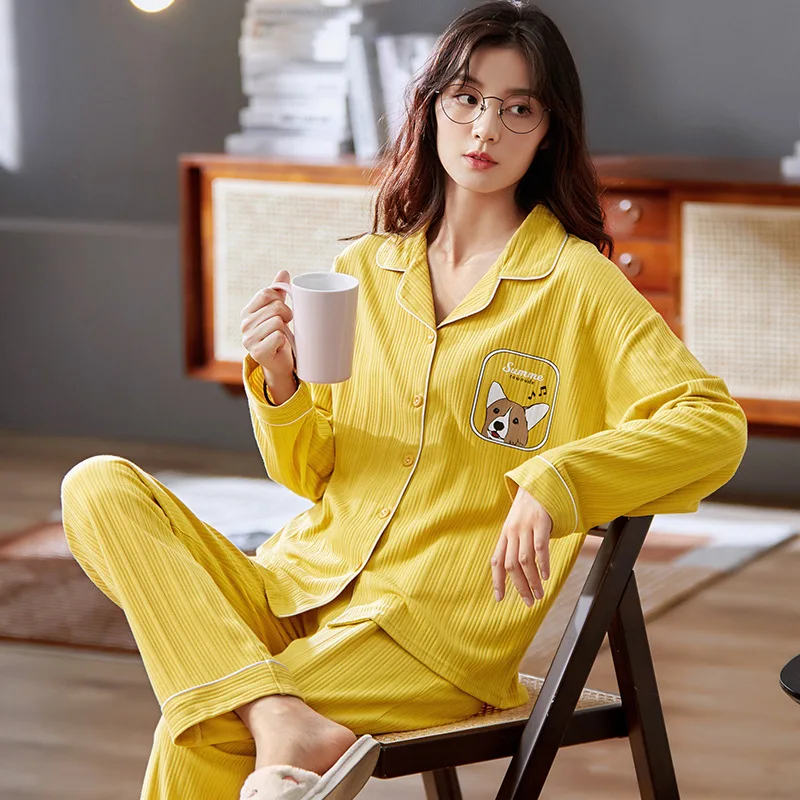 pyjamas for women SLPBELY Women Pajamas Set Homesuit Spring Cartoon Turn Down Collar Long Sleeve Nightwear Sleepwear Sleepwear Homewear Pyjamas silk pajamas Pajama Sets