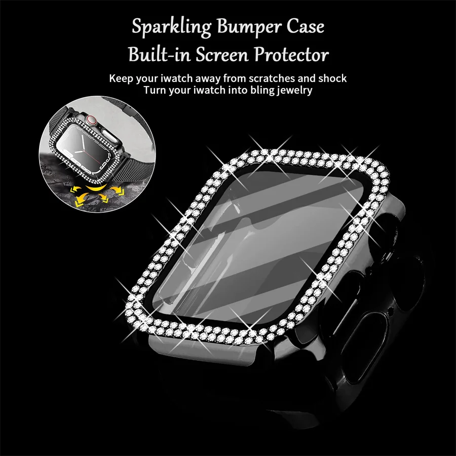 Luxury Diamond-Studded Apple Watch Case with Tempered Glass & Bumper Screen Protector