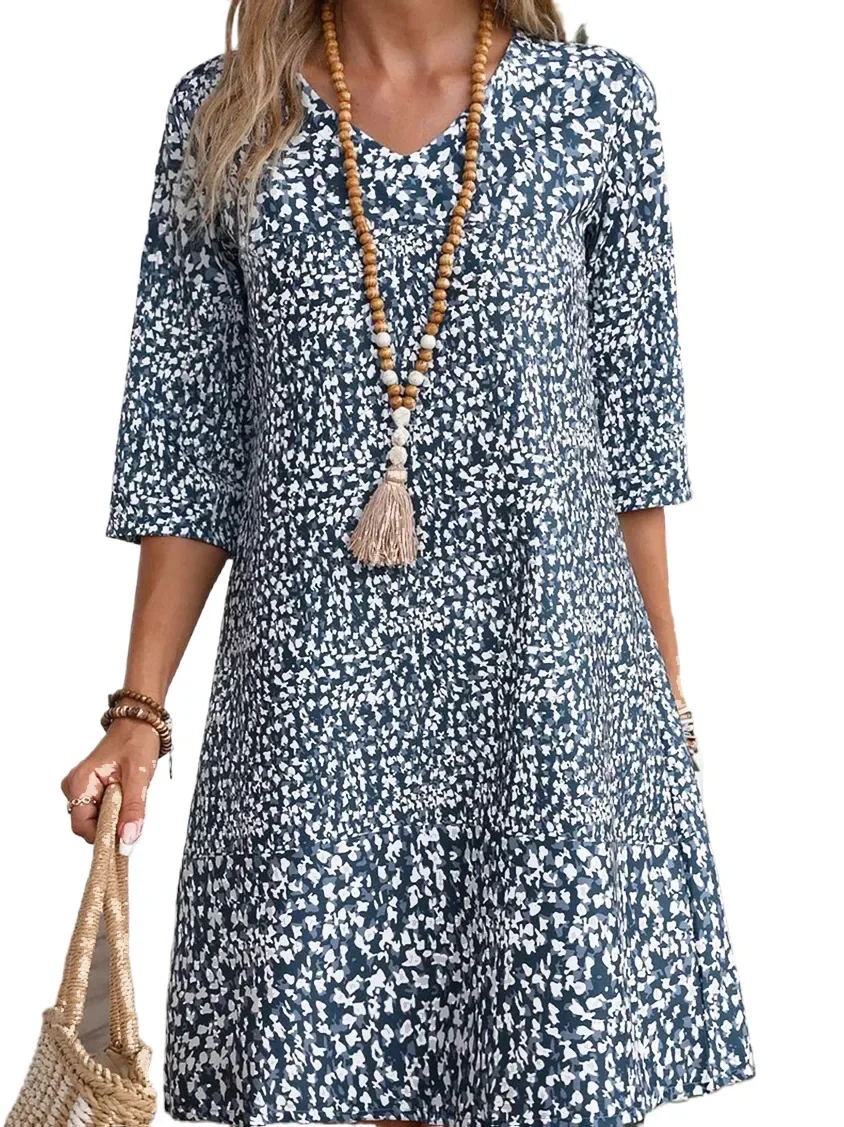 

Print Dress for Women 2023 New Print V Neck Long Sleeve Vintage Dresses vigtage Fashion Fall Elegant Casual Dress
