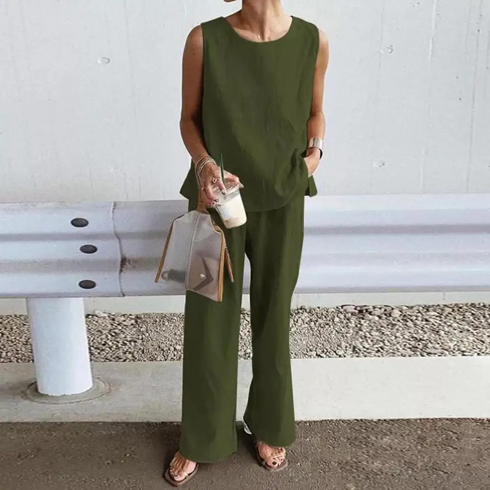 

5XL 2Pcs/Set Summer Loose Suit Linen Blend Solid Color Round Neck Sleeveless Vest Top Wide Leg Pants Split Elegant Women Outfit