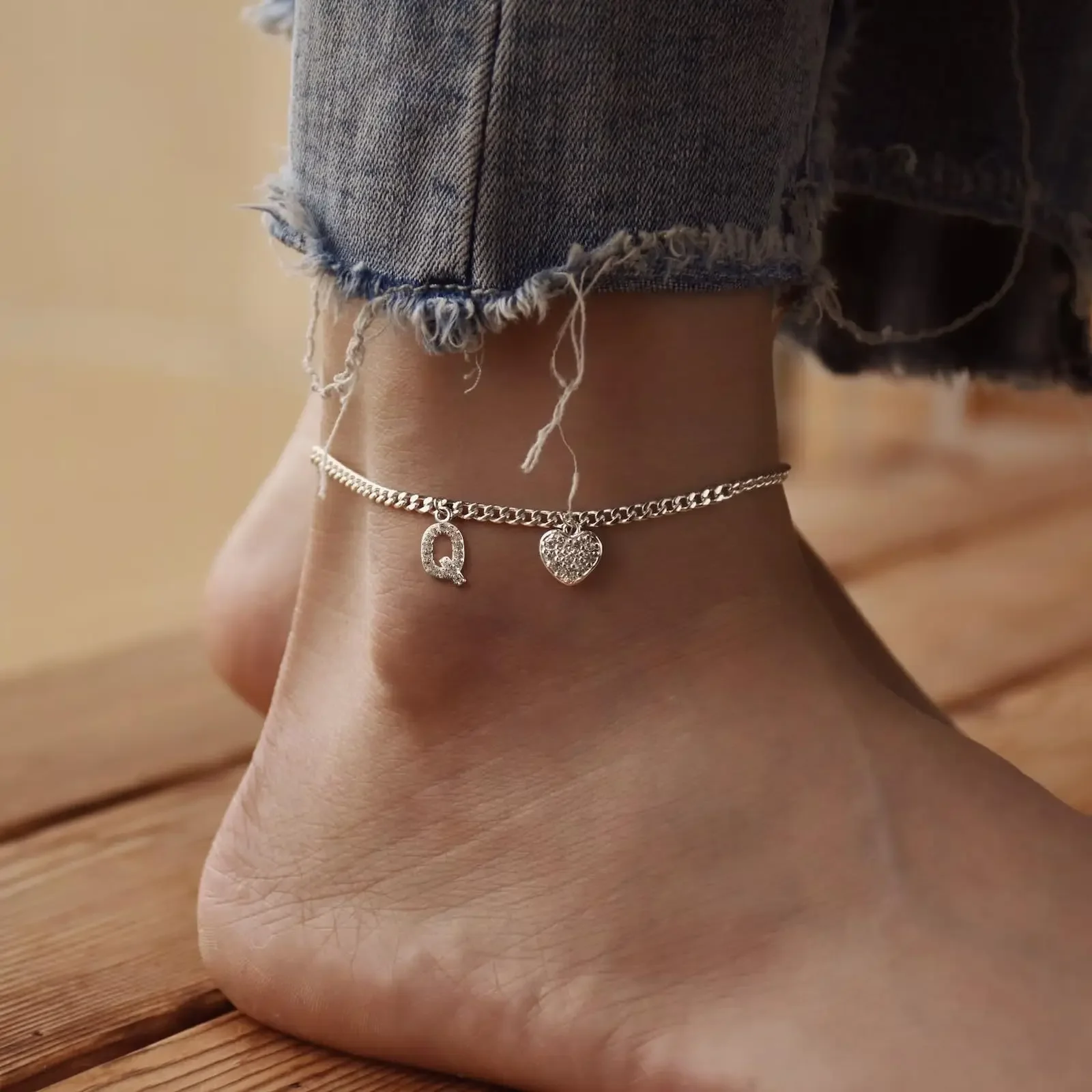 Initial Stainless Steel Anklet For Women Crystal Letter Heart Silver Color Chain Ankle Bracelet Summer Jewelry Accessories 26