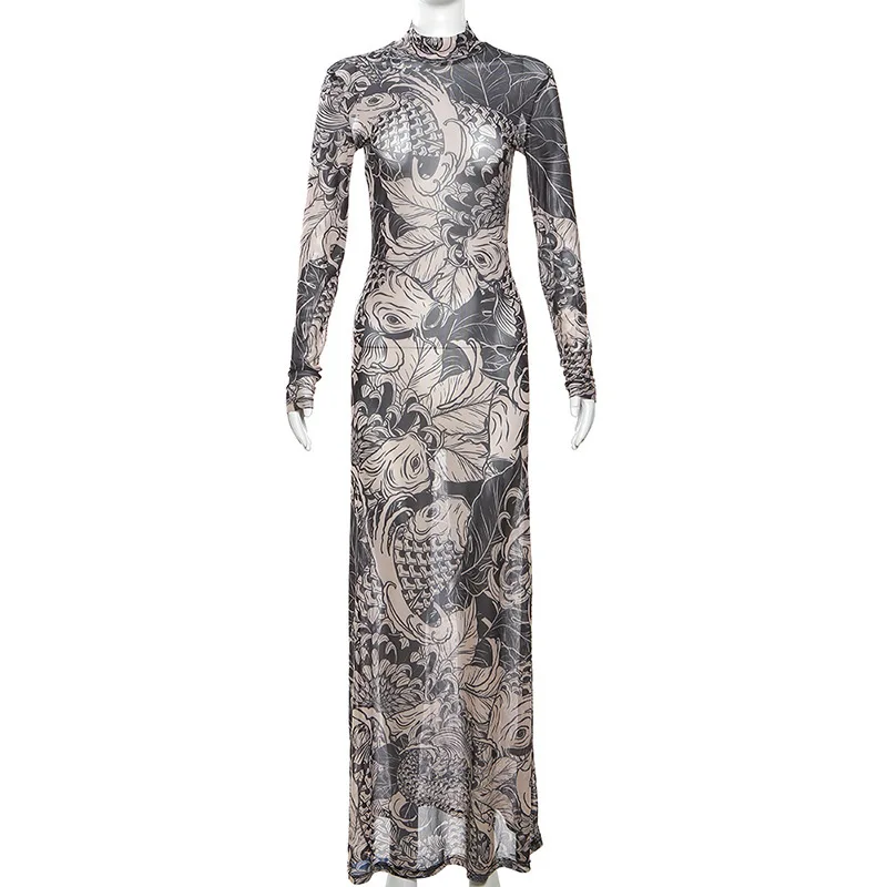 Nibber Women's Elegant O-neck Body Printed Maxi Dress Full Sleeves Body-shaping Robe Dresses Lady Evening Attirewear Vestidos