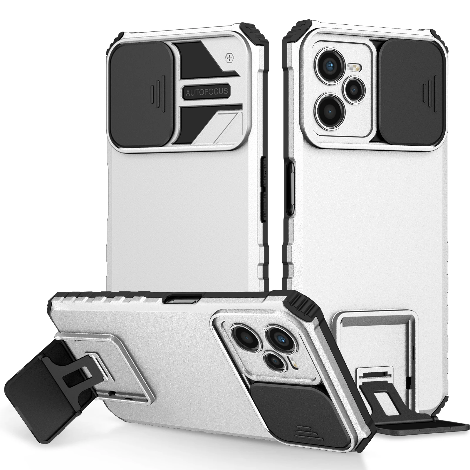 Durable Phone Case with Slide Camera Lens Protection and Stand