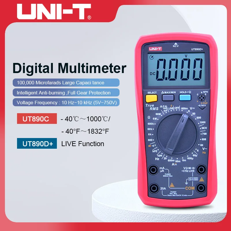

UNI-T UT890C UT890D+ Digital Multimeter True RMS Manual Range AC DC Frequency Capacitance Temperature Tester