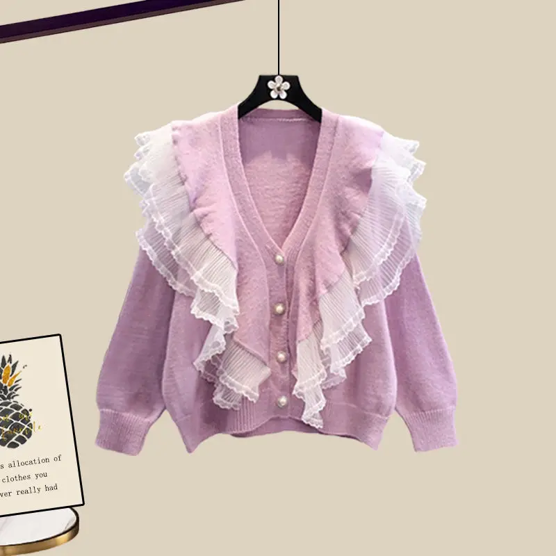Xiaoxiangfeng Sweet Suit Women's Spring Autumn 2023 New Gentle Style Knitted Cardigan Sweater Wide Leg Pants Two Piece Set