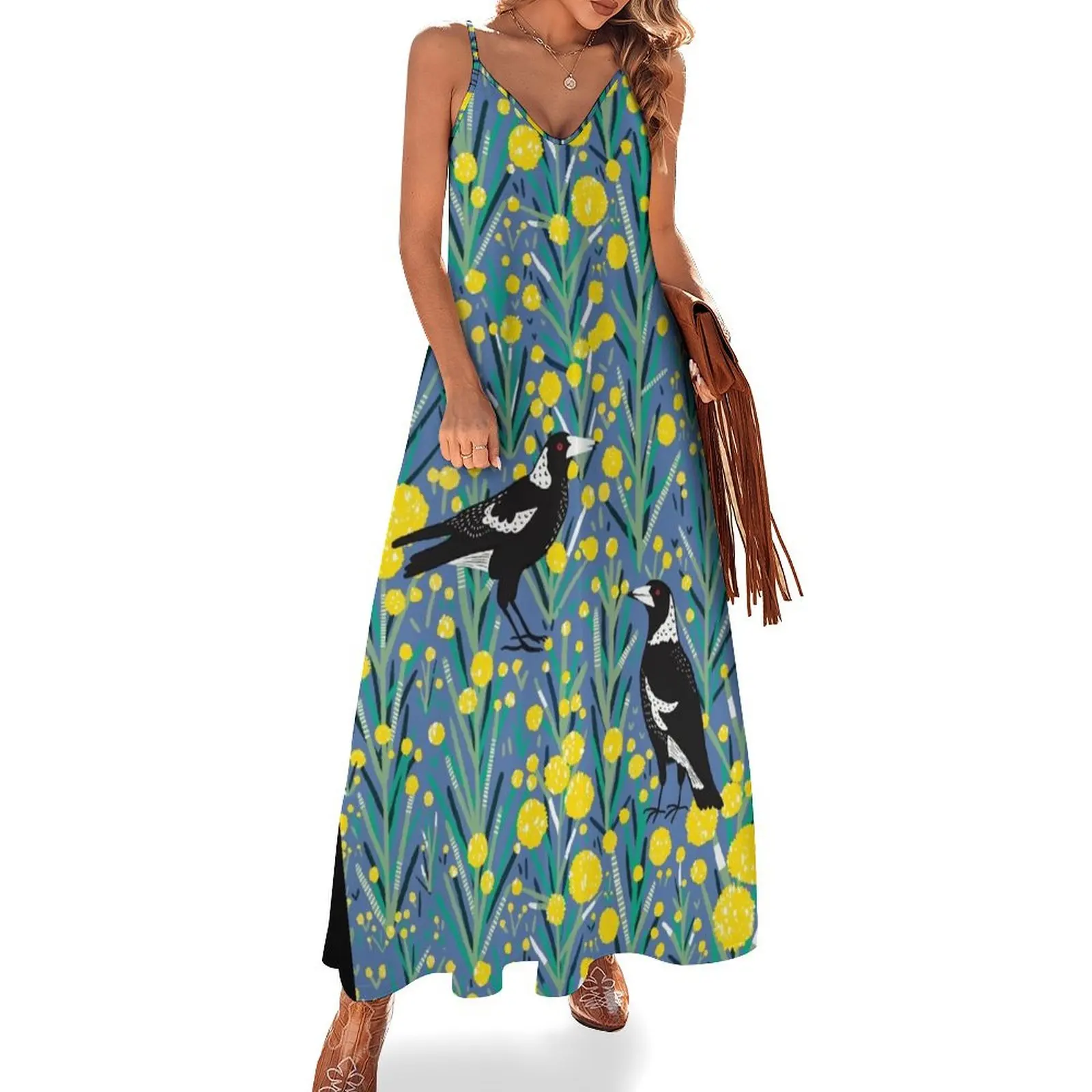 

Australian Magpie in wattle garden Sleeveless Dress Evening gown dresses summer woman 2024