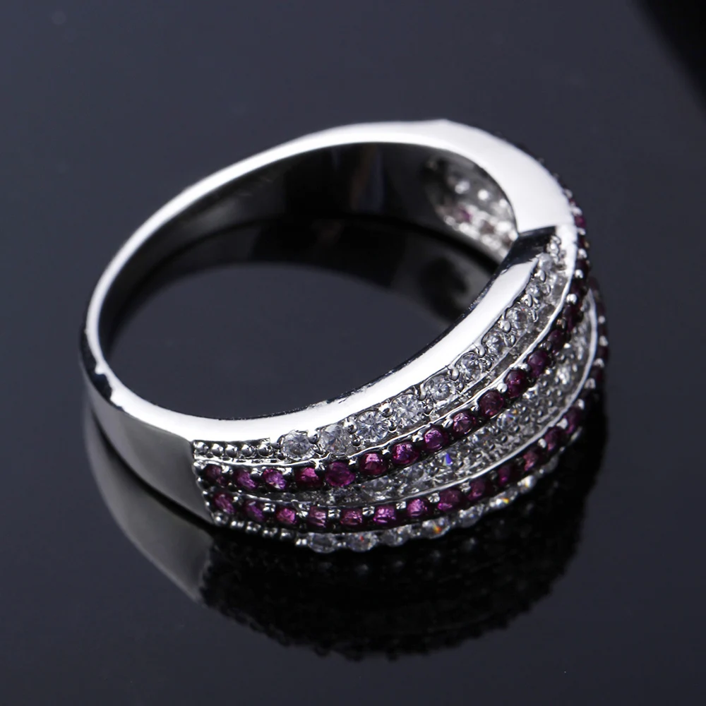 Big Discount Elegant Ruby+White Cubic Zircon Ring Real Rhodium Plating Pretty Jewelry For Women