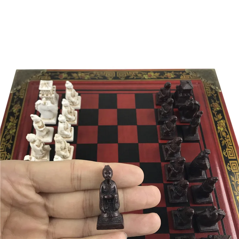Antique three-dimensional chess Terracotta Army pieces high-grade vintage wooden table chess 26*26Cm/10.24*10.24in