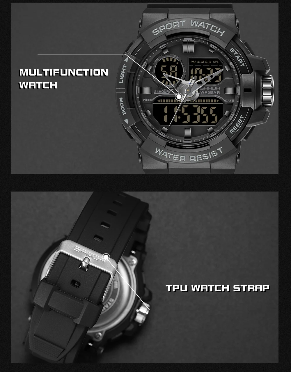 SANDA Youth Fashion Digital Watch Men Shockproof Waterproof Dual Wristwatches LED Chrono Alarm Clock Mens Watches Cool Hour 6025
