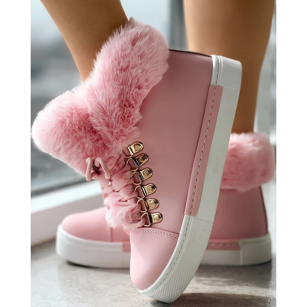 Christmas Winter Women Lace-up Fuzzy Lined Ankle Boots Casual Colorblock Round Toe Flat Ankle Snow Boots Daily Korean Style