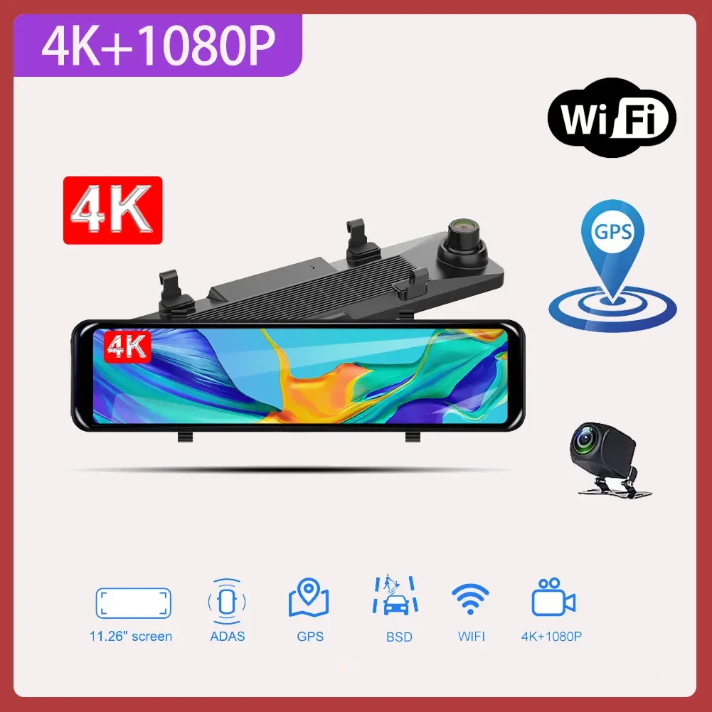 Effort&BJ 12" 4K +1080P Mirror Car DVR ADAS Dash Cam WIFI Auto GPS Registrar Video Recorder Dual Camera Super Night
