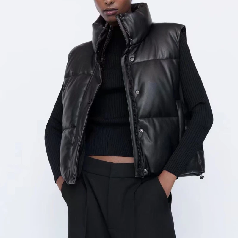 

Winter Warm Thick PU Leather Coats Women Short Vests Fashion Black Cotton Padded Lady Down Jacket Elegant Zipper Clothes 2023