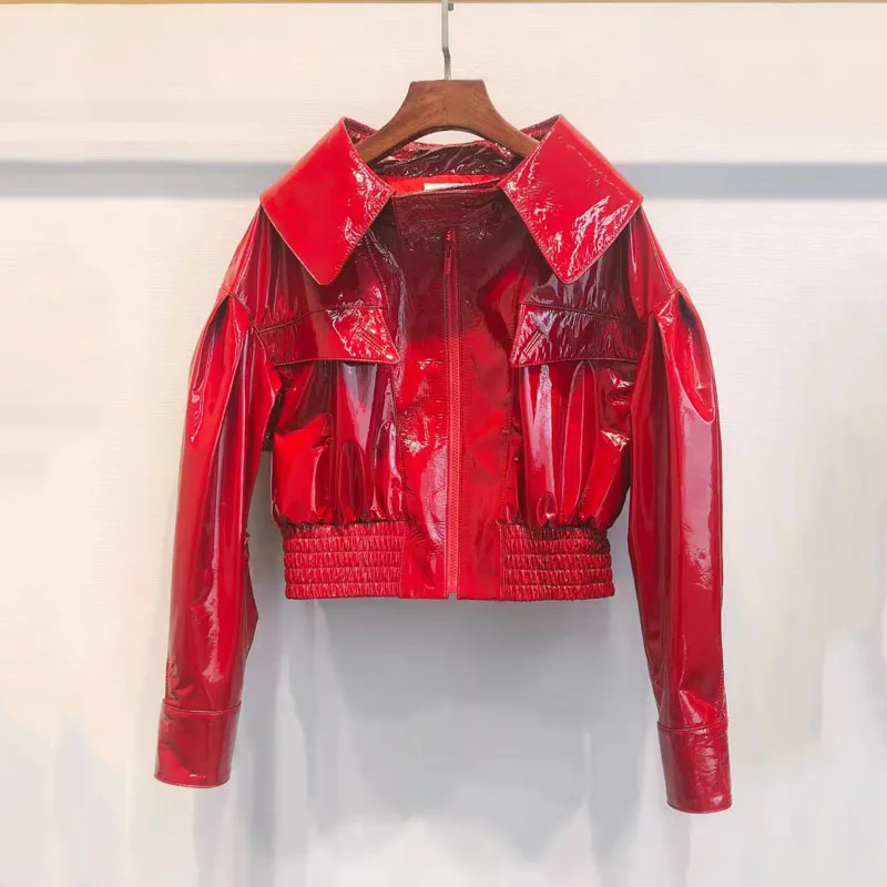 

Super Short Casual Coat Spring Women Turn-Down Collar Red Patent Leather Sheepskin Jacket High Quality Female Clothes