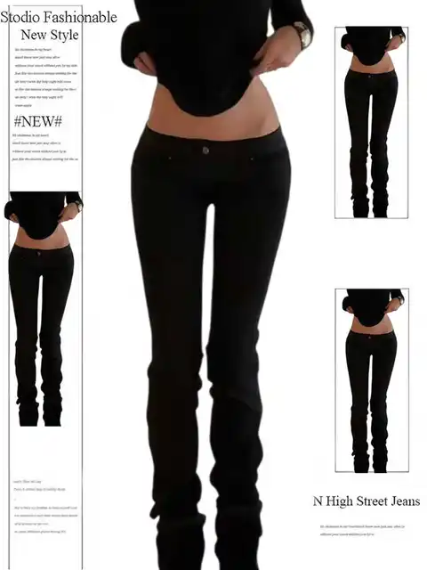 Women's Denim Pants Low Rise Jeans American Retro Black Bootcut Jeans Y2k 2000s Harajuku Skinny Jeans Stretch Japanese Gyaru New