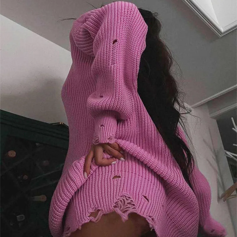 

Autumn Winter Streetwear Ripped Hole Women Knitted Sweaters Pullovers Long Sleeve Solid Color Loose Aesthetic Sweater y2k Women