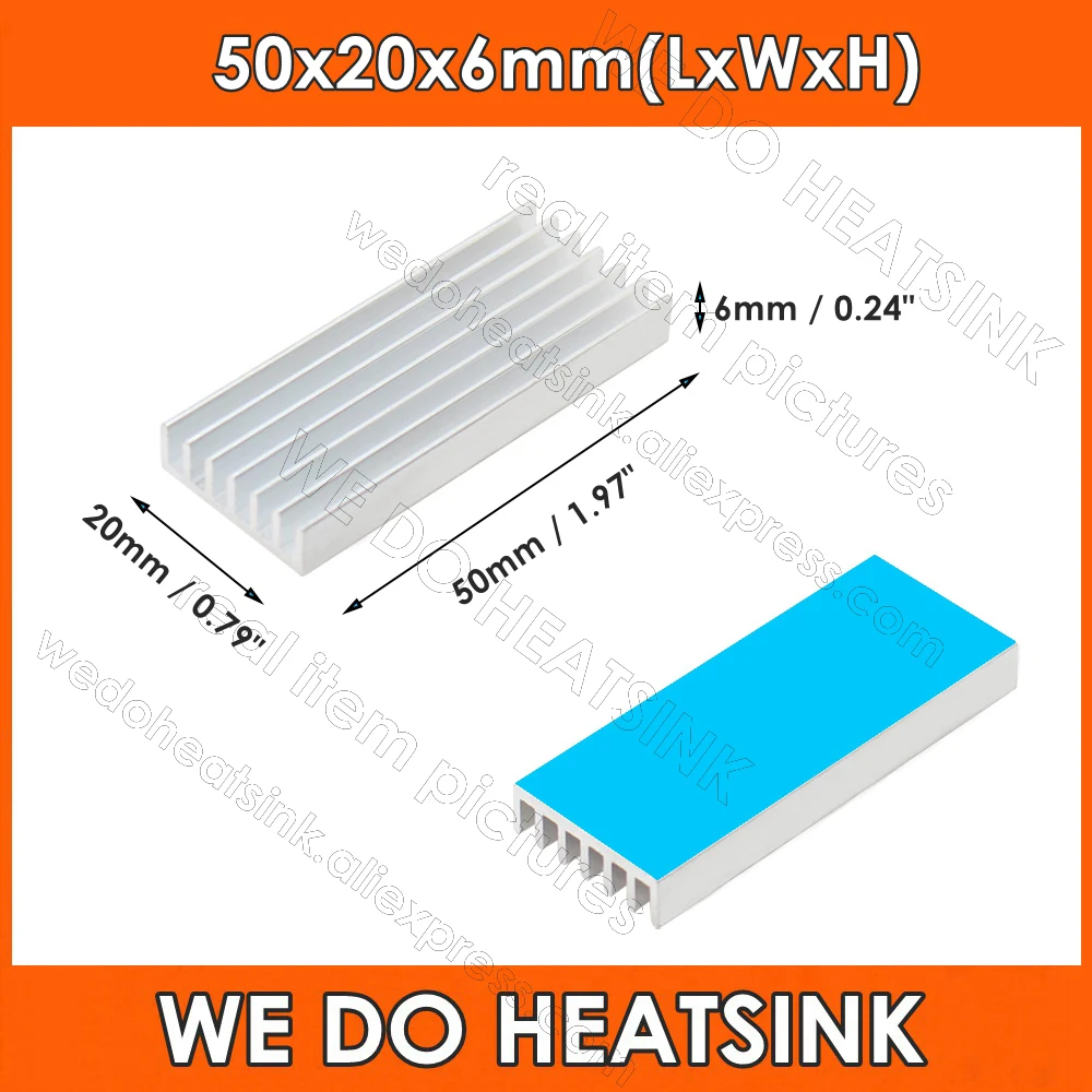 

50x20x6mm Silver Aluminum E-shape Heatsink Radiator Cooler for MOS IC DIP Chip with Thermal Adhesive Pad Assembly Applied