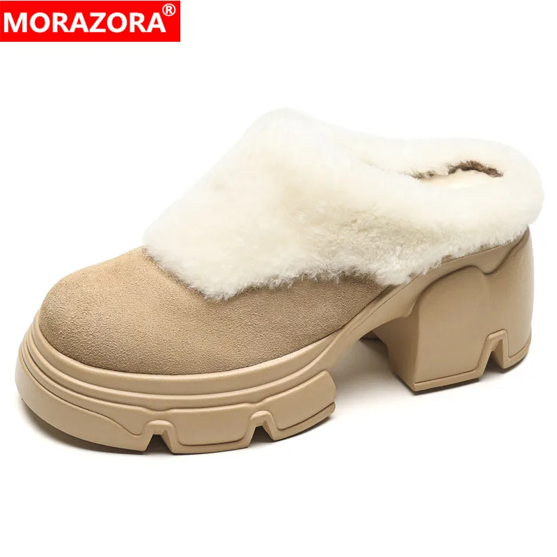 

MORAZORA 2024 Cow Suede Leather Sqaure High Heels Women's Slippers Round Toe Thick Fur Ladies Mules Fashion Platform Slippers