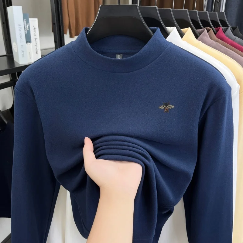 Luxus Mann Marke Frühling Lange Ärmel T-Shirt Mock Neck Samt Fleece Stickerei Hoodie Mode Freizeit Unterbekleidung männer Kleidung – Detail 3