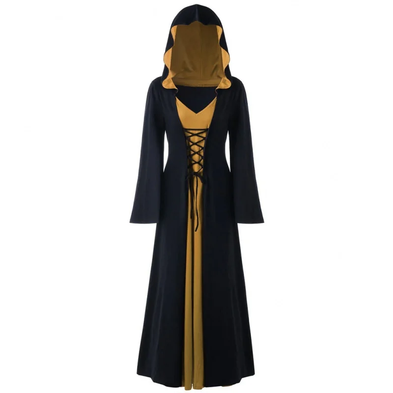 Halloween Medieval Dress for Women Vintage Hooded Cloak Robe Cosplay Costume Retro Scary Vampire Witch Carnival Disfraz Mujer